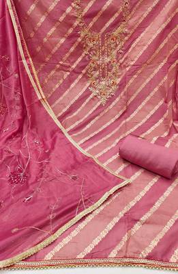 Women's pink silk handwork unstitched dress material 3