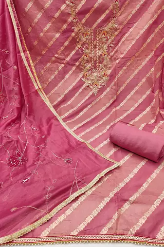 Women's pink silk handwork unstitched dress material