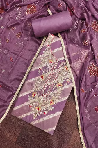 Women's lavender silk handwork unstitched dress material