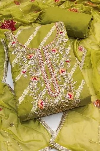 Women's green silk handwork unstitched dress material