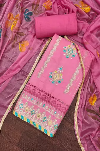 Women's pink premium roman cotton embroidered unstitched dress material