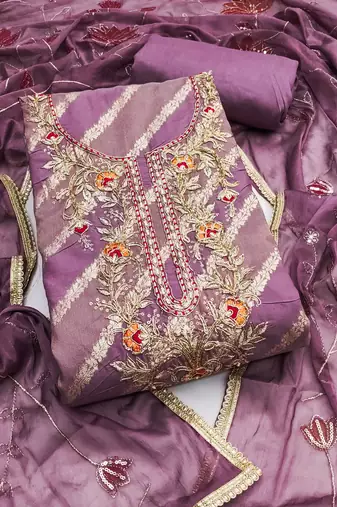 Women's lavender silk handwork unstitched dress material