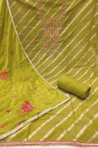 Women's green silk handwork unstitched dress material