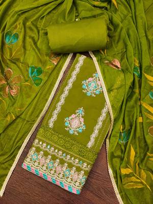 Women's parrot green premium roman cotton embroidered unstitched dress material 1