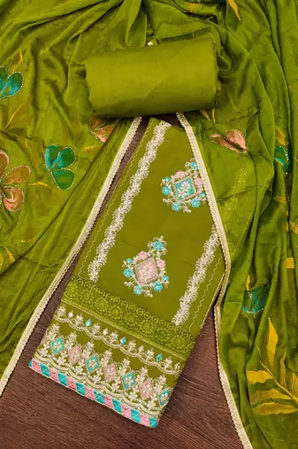 Women's parrot green premium roman cotton embroidered unstitched dress material