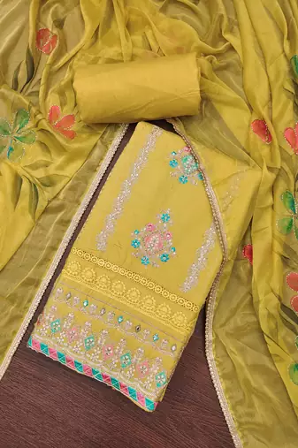 Women's yellow premium roman cotton embroidered unstitched dress material