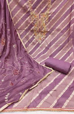 Women's lavender silk handwork unstitched dress material 3