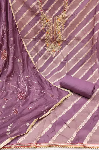Women's lavender silk handwork unstitched dress material