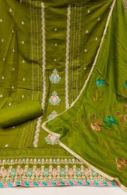 Women's parrot green premium roman cotton embroidered unstitched dress material 3