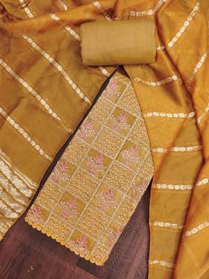 Women's mustard silk embroidered unstitched dress material 1