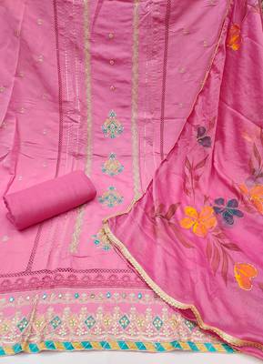 Women's pink premium roman cotton embroidered unstitched dress material 3