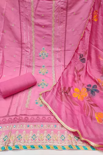 Women's pink premium roman cotton embroidered unstitched dress material