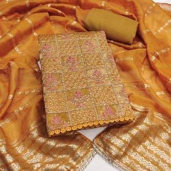 Women's mustard silk embroidered unstitched dress material 2