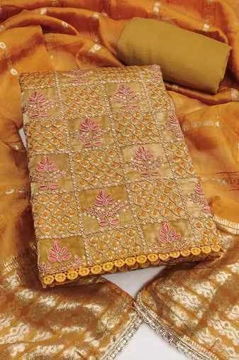 Women's mustard silk embroidered unstitched dress material