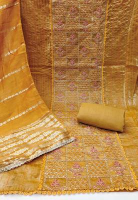 Women's mustard silk embroidered unstitched dress material 3
