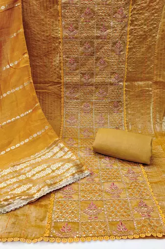Women's mustard silk embroidered unstitched dress material