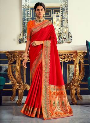 Women's red soft silk blend woven woven saree with unstitched blouse piece 1