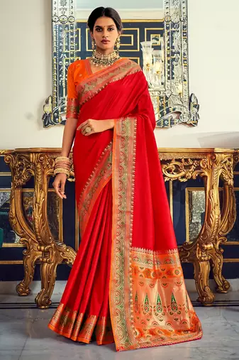 Women's red soft silk woven woven saree with unstitched blouse piece