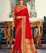 Women's red soft silk woven woven saree with unstitched blouse piece