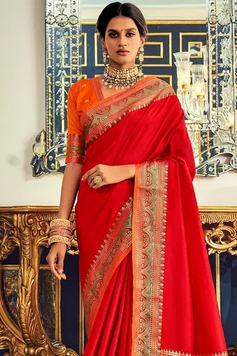Women's red soft silk blend woven woven saree with unstitched blouse piece