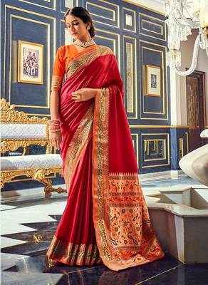 Women's maroon soft silk blend woven saree with unstitched silk blend blouse piece 1