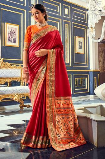 Women's maroon soft silk woven saree with unstitched silk blouse piece