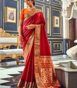 Women's maroon soft silk woven saree with unstitched silk blouse piece