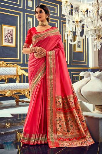 Women's pink soft silk woven saree with unstitched silk blouse piece