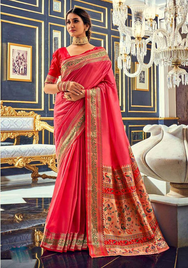 Women's pink soft silk woven saree with unstitched silk blouse piece