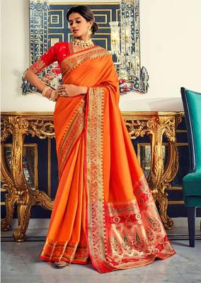 Women's orange soft silk blend woven saree with unstitched silk blend blouse piece 1
