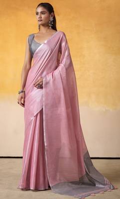 Women's pink tissue silk blend solid saree with unstitched silk blend blouse piece 1