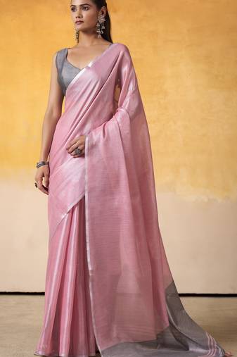 Women's pink tissue silk solid  saree with unstitched silk blouse piece
