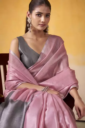 Women's pink tissue silk blend solid saree with unstitched silk blend blouse piece