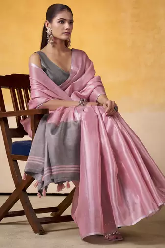 Women's pink tissue silk blend solid saree with unstitched silk blend blouse piece