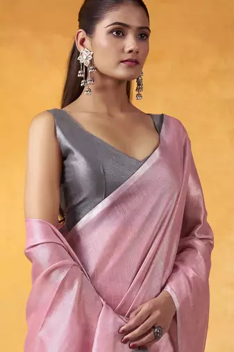 Women's pink tissue silk blend solid saree with unstitched silk blend blouse piece