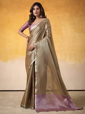 Women's brown tissue silk blend solid saree with unstitched silk blend blouse piece 1