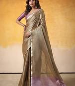 Women's brown tissue silk solid  saree with unstitched silk blouse piece
