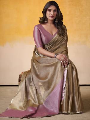 Women's brown tissue silk blend solid saree with unstitched silk blend blouse piece 2