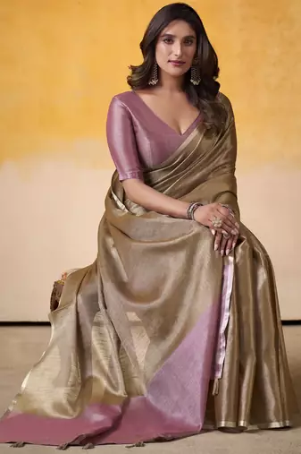 Women's brown tissue silk blend solid  saree with unstitched silk blend blouse piece