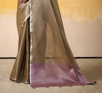 Women's brown tissue silk blend solid saree with unstitched silk blend blouse piece 3