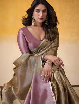 Women's brown tissue silk blend solid saree with unstitched silk blend blouse piece 4