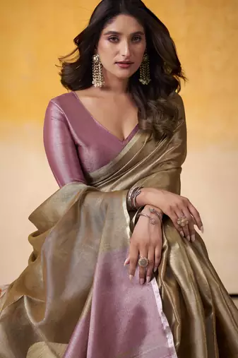 Women's brown tissue silk blend solid  saree with unstitched silk blend blouse piece