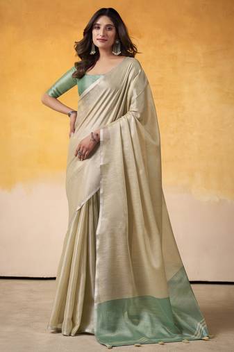 Women's beige tissue silk solid  saree with unstitched silk blouse piece