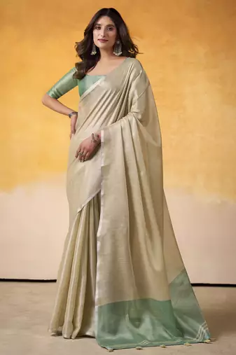 Women's beige tissue silk solid  saree with unstitched silk blouse piece