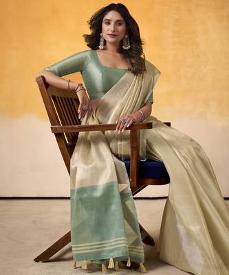 Women's beige tissue silk blend solid saree with unstitched silk blend blouse piece 2