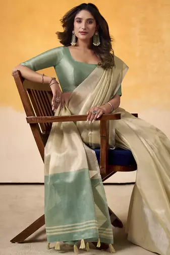 Women's beige tissue silk blend solid saree with unstitched silk blend blouse piece