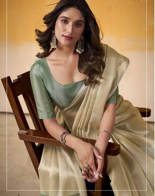 Women's beige tissue silk blend solid saree with unstitched silk blend blouse piece 4