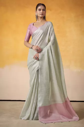 Women's mint tissue silk solid  saree with unstitched silk blouse piece