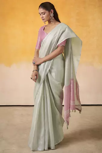 Women's mint tissue silk blend solid saree with unstitched silk blend blouse piece