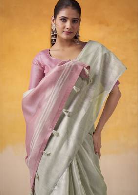 Women's mint tissue silk blend solid saree with unstitched silk blend blouse piece 3